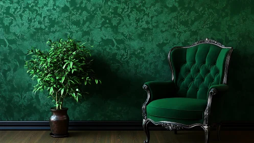 Green velvet armchair and potted plant stand against wallpaper