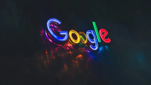 Google logo glows in vivid neon colors on dark background.