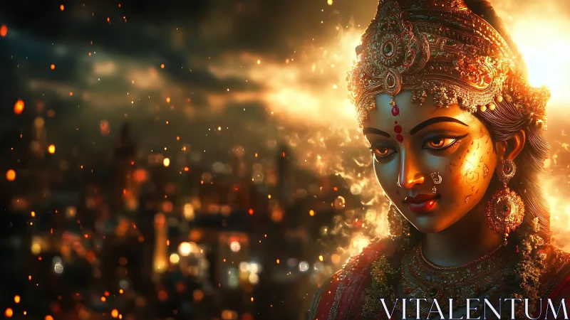 Gilded goddess portrait glows over burning urban skyline.