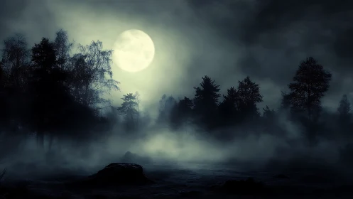 Moonlit mist over silhouetted forest in nocturnal blue haze.