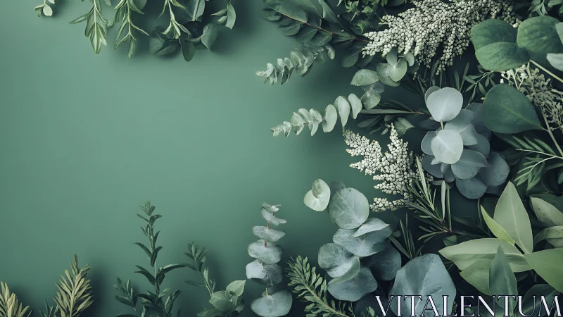 Green foliage border on solid background, top view layout.