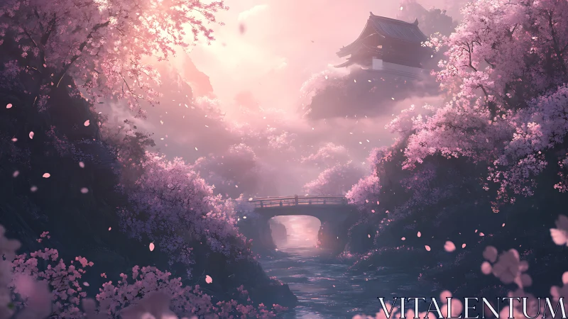 Sakura valley bridge under ethereal sunset mist glow.