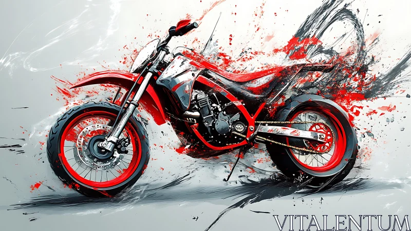 Red street motorcycle explodes through bold abstract paint