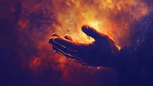 Human hand in upward position against diffuse orange light.