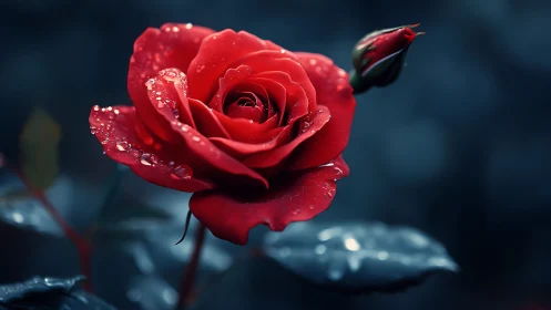Red Rose with Dew Droplets: Macro Botanical Study in Cinematic Depth