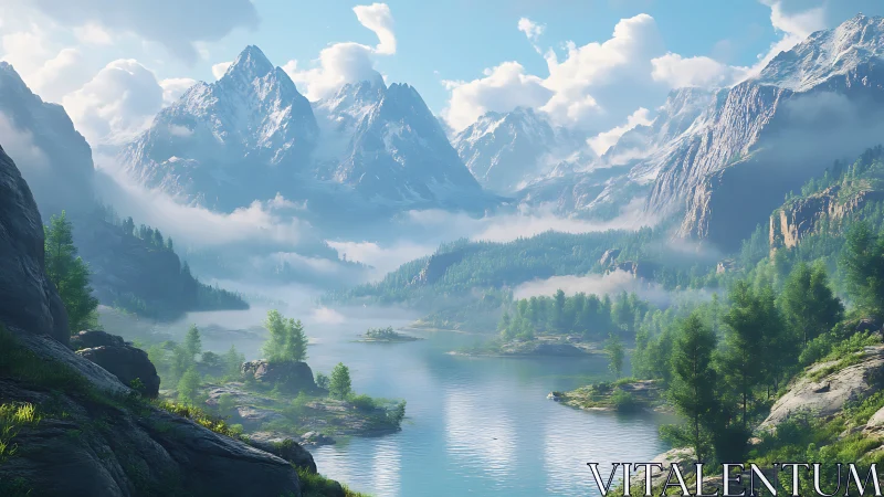 Snow-capped mountains rise above serene turquoise lake.