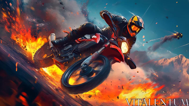 Motorcyclist powers through explosive off-road firestorm scene.