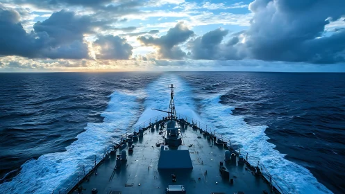 Warship cuts through open ocean under dramatic blue sky