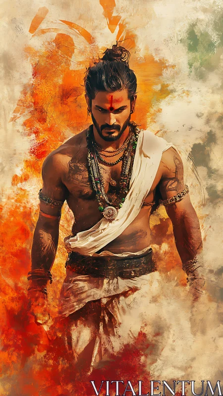 Warrior ascetic strides through blazing saffron abstraction.