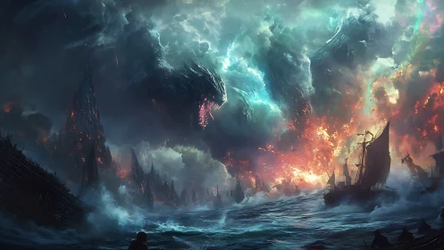 Colossal sea dragon towers over burning storm-wrecked fleet.