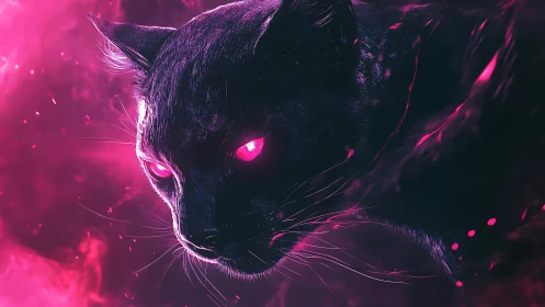 Neon Black Cat with Glowing Pink Eyes.