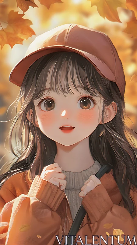 Autumn daylight portrait of anime girl in cap with warm bokeh