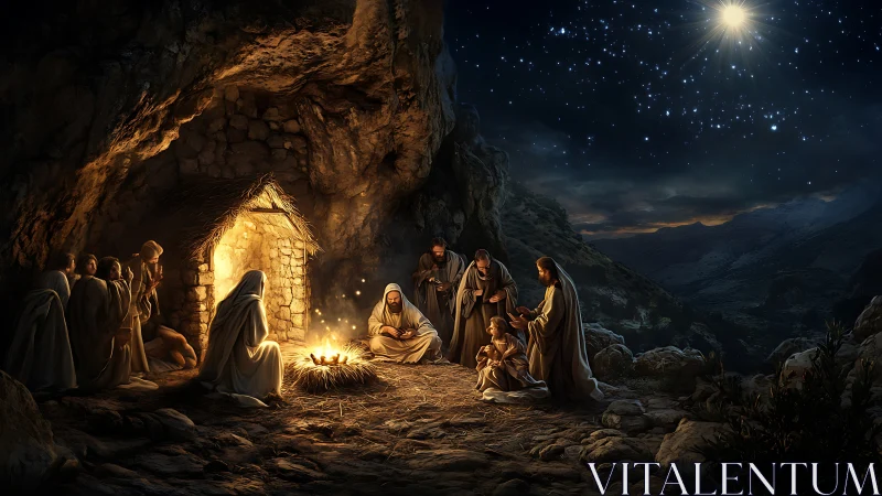 Nighttime nativity scene is rendered with controlled lighting contrasts