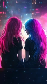 Two neon-haired girls sit close under glowing city lights
