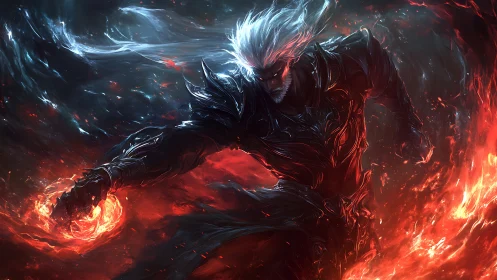 Dark armored mage commands swirling infernal firestorm