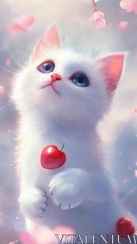 White Cat with Pink Accents and Floating Cherries in Dreamlike Setting.