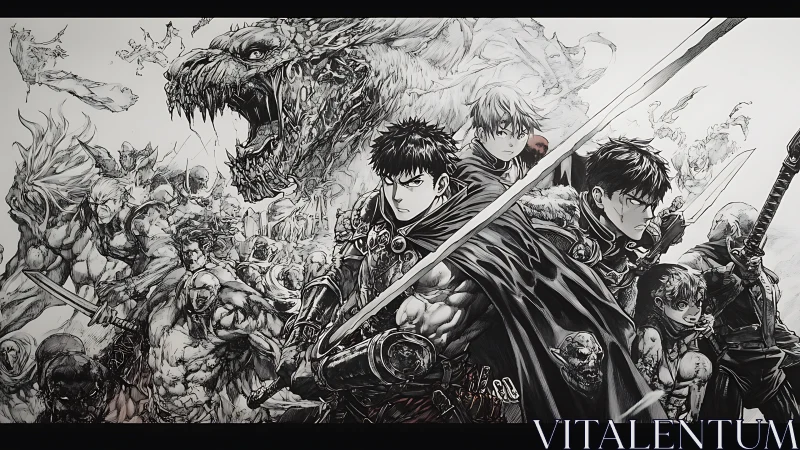 Armored swordsmen confront monstrous horde in dense battle line