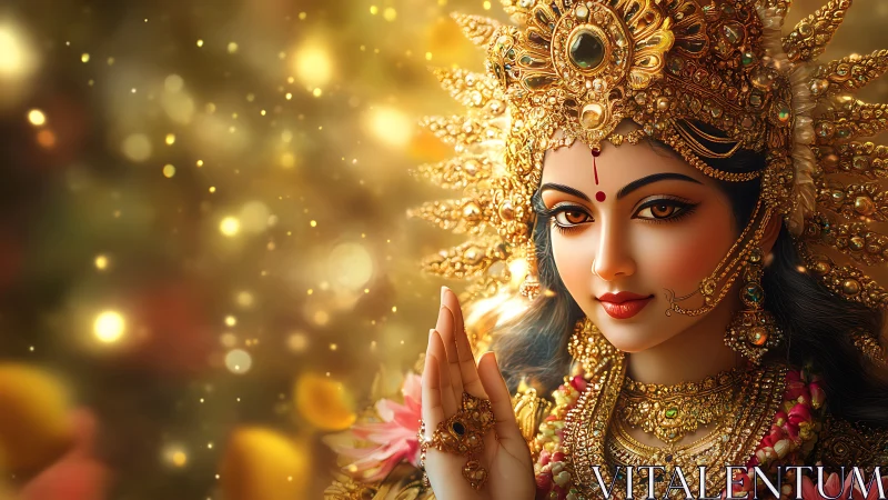 Divine goddess portrait glows with intricate golden regalia.