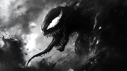 Monstrous symbiote head emerges from swirling darkness
