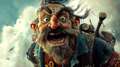 Wild-eyed sky pirate bellows laughter into stormy clouds