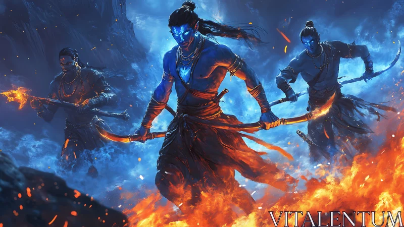 Blue-skinned archers advance through fire with glowing weapons