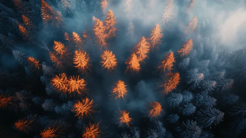 Orange conifer trees form radial pattern within misty forest
