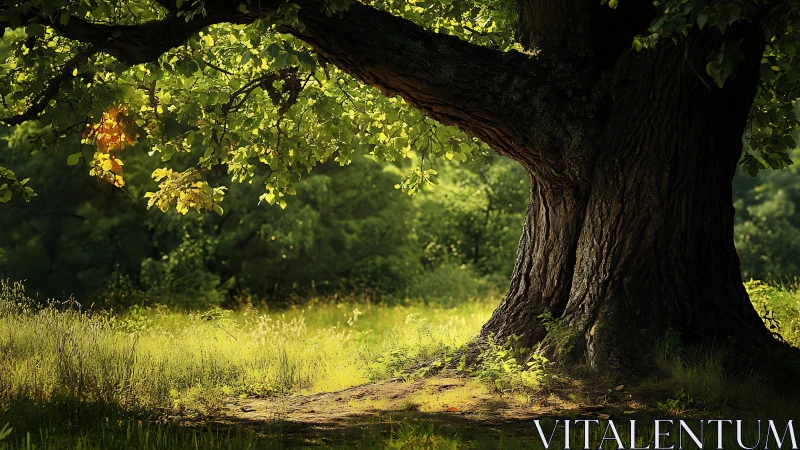 Photorealistic woodland oak study with luminous canopy focus.