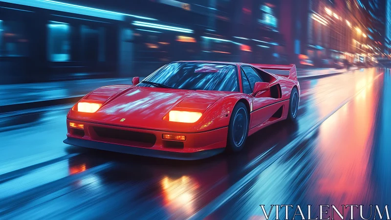 Red supercar cuts neon reflections on wet city street.