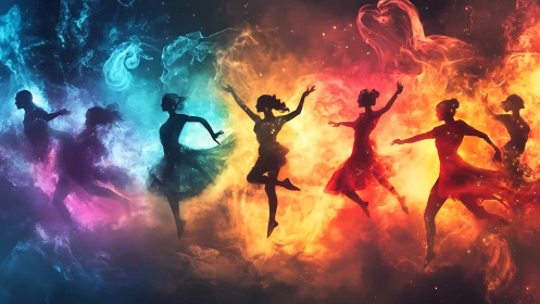 Dancers in swirling fire and mist paint the night sky with joy.