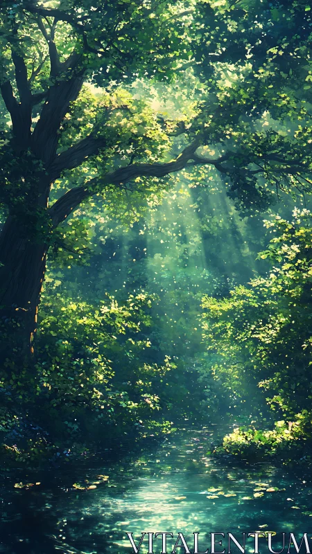 Sun-dappled forest pool holding its breath in green light.