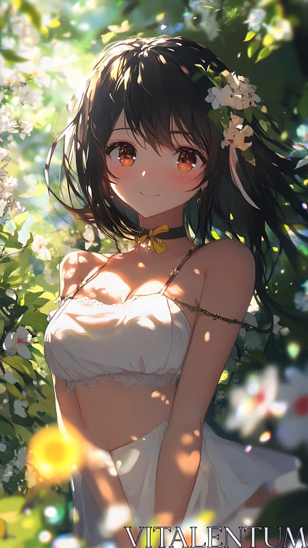 Sunlit garden muse in white dress and dappled blossom glow.