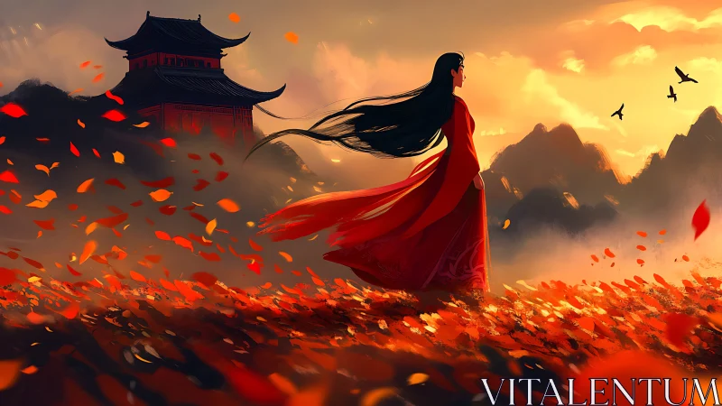 Autumn wind crowns the red-clad wanderer of ember valleys.