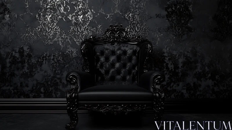 Baroque black leather throne in dramatic low key setting.
