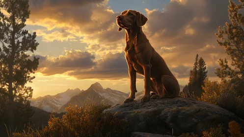 Hunting dog overlooks golden alpine ridge at sunset
