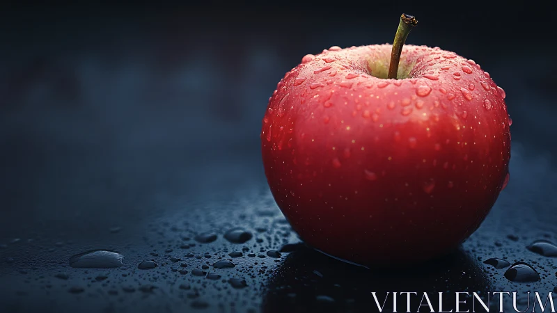 Glistening red apple resting in a quiet pool of night dew.