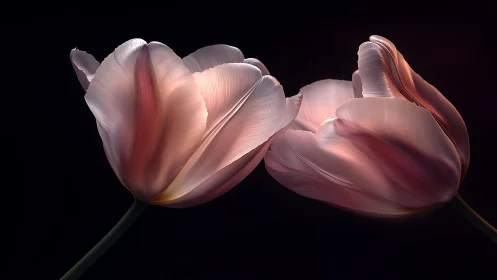 Two pink tulips against black background with textured petals