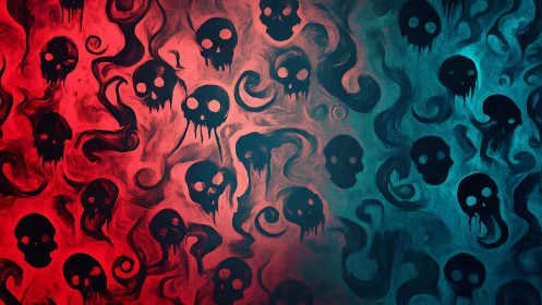 Skull silhouettes drift through red and teal spectral haze.