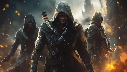 Hooded assassins advance through burning war-torn streets.