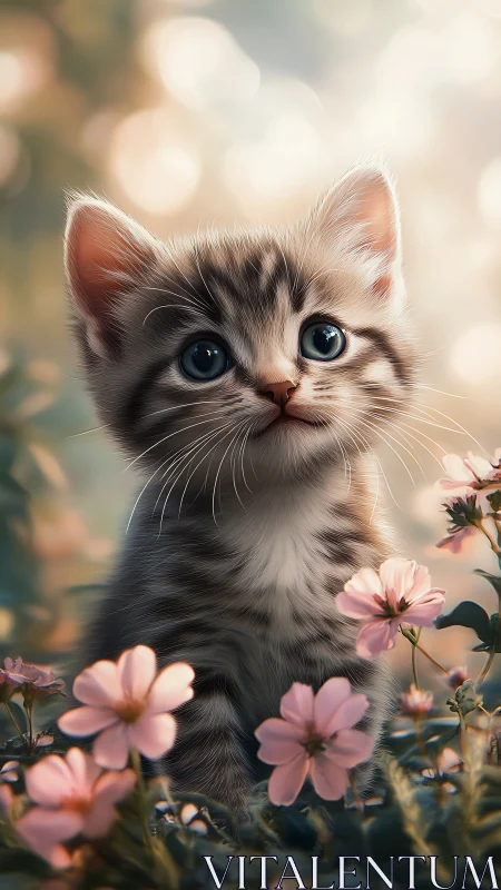 Starry-Eyed Kitten Among Pink Petals Dreams.
