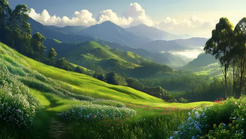 Sunlit green valley with wildflowers and distant mountains.