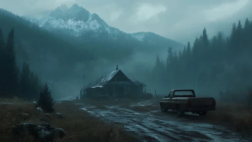 Misty mountain cabin and abandoned truck at dawnscape.