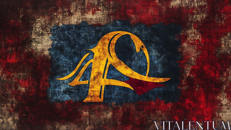 Grunge lion emblem emerges from distressed red and blue field