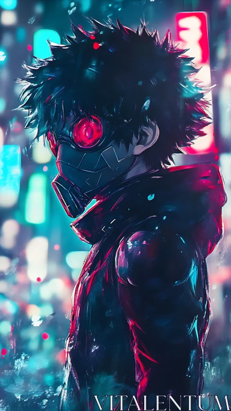 Masked figure with red goggles in neon urban environment.