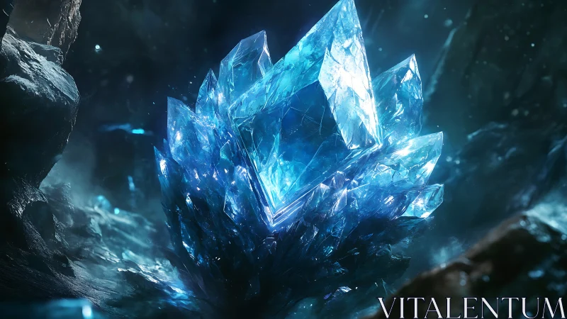 Luminescent blue crystal cluster in subterranean cavern.