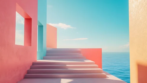 Surreal Pastel Architecture Overlooking Tranquil Ocean