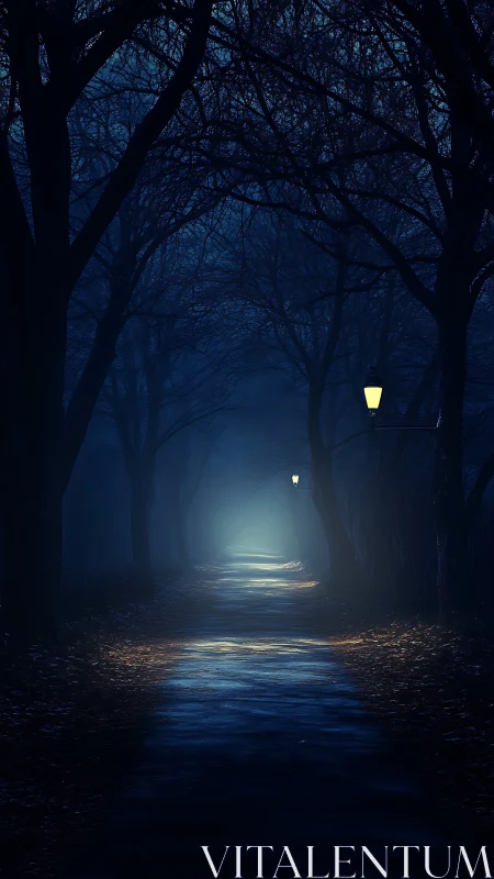 Moonlit forest path glows under distant lamplight at night.
