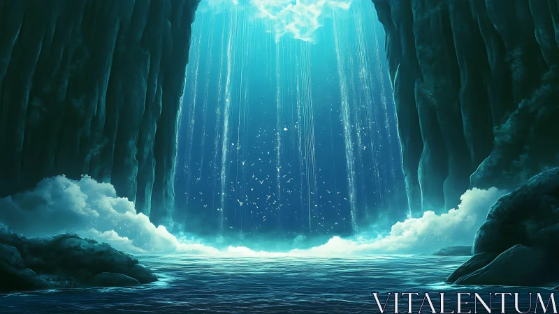 Mystical ocean cavern opens to a glowing waterfall of light