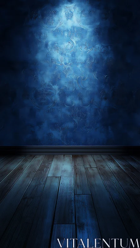 Moody blue wall and wooden floor await creative staging.