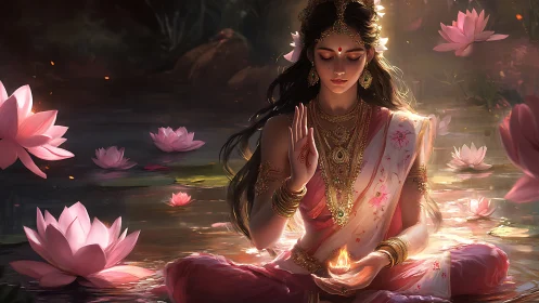 Lotus goddess meditates in glowing dusk-lit sacred waters