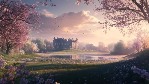 Spring manor by reflective pond under pastel sunset sky